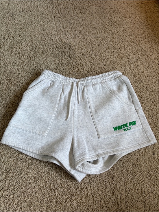 White Fox Boutique Pants - White Fox Boutique Cream Terry Athletic Shorts with Green Logo